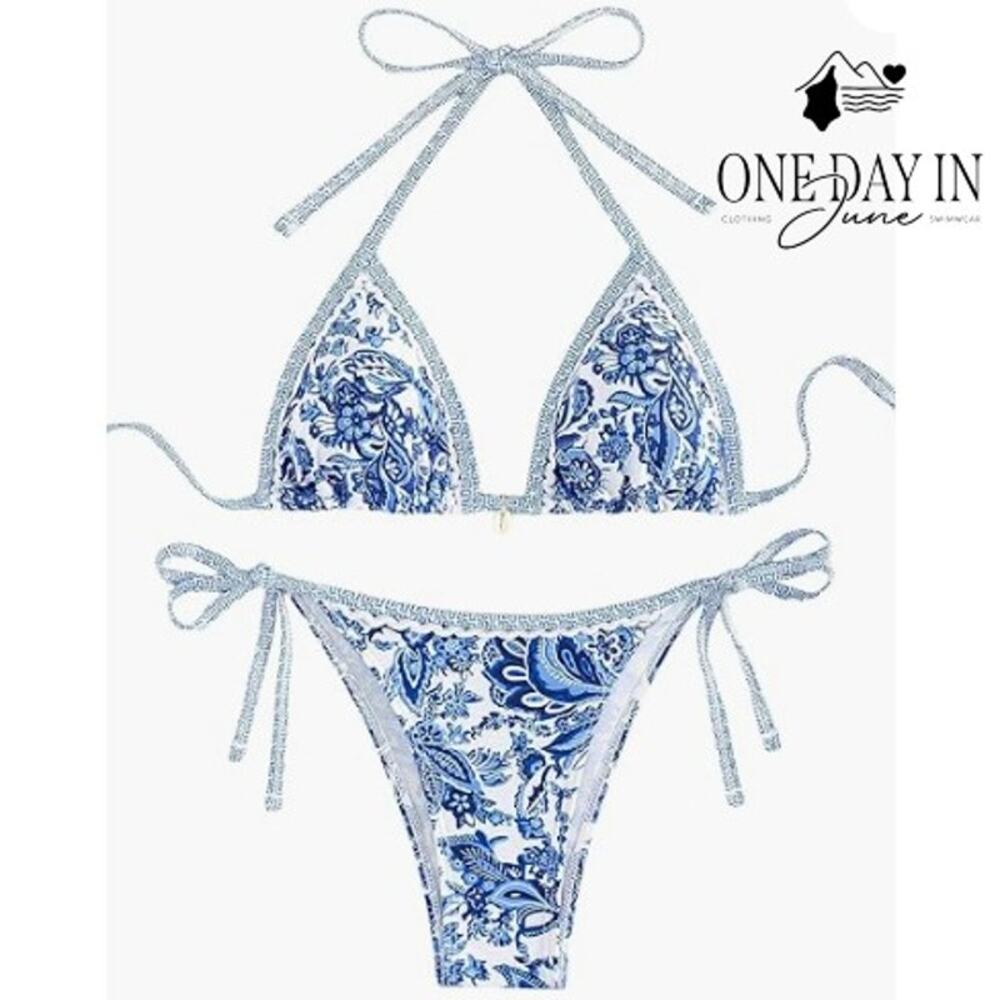CharmLeaks Blue White Floral Paisley Triangle Tie Side Bikini Swimsuit Size M